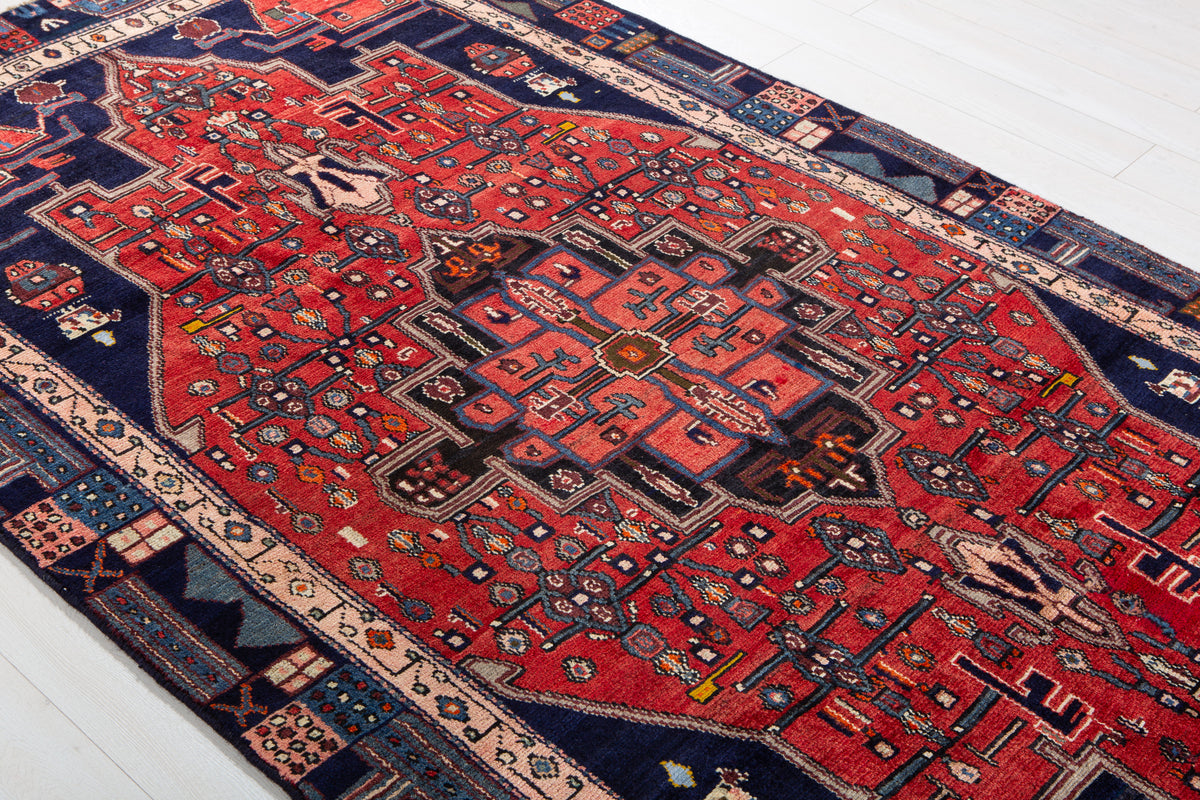 Rare Collectible Vintage Red & Navy Blue Geometric Medallion Wool Rug – 9' 0" x 4' 11" (274 x 151 cm)
