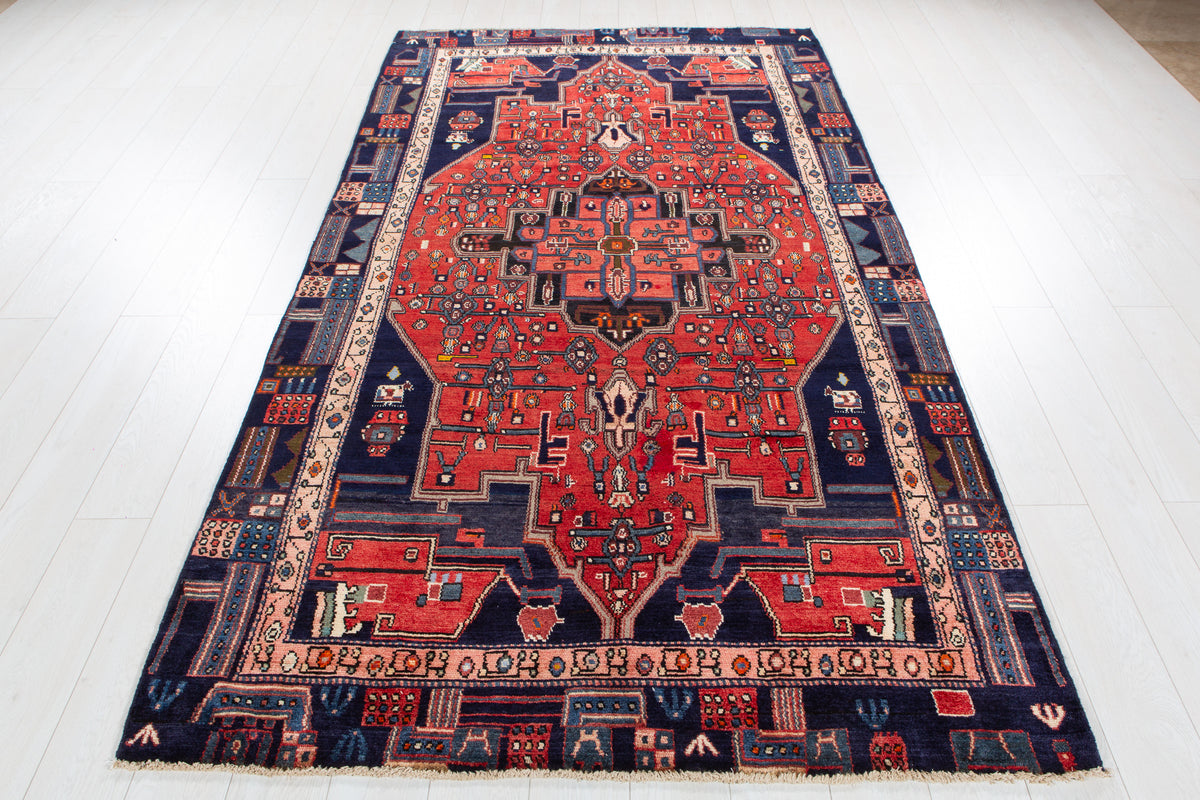 Rare Collectible Vintage Red & Navy Blue Geometric Medallion Wool Rug – 9' 0" x 4' 11" (274 x 151 cm)