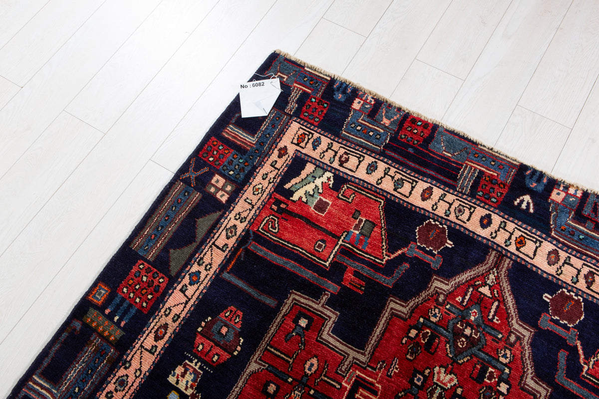 Rare Collectible Vintage Red & Navy Blue Geometric Medallion Wool Rug – 9' 0" x 4' 11" (274 x 151 cm)