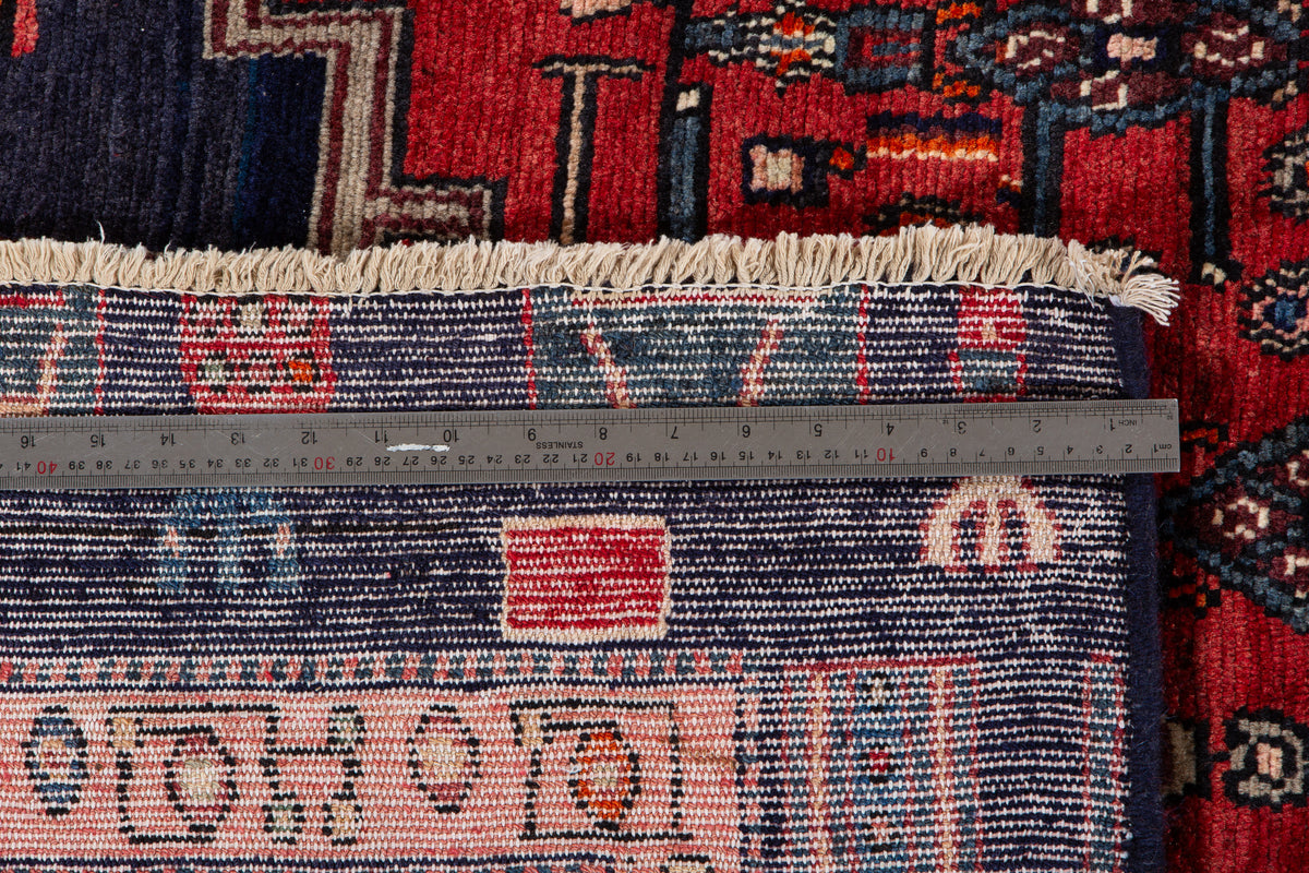 Rare Collectible Vintage Red & Navy Blue Geometric Medallion Wool Rug – 9' 0" x 4' 11" (274 x 151 cm)