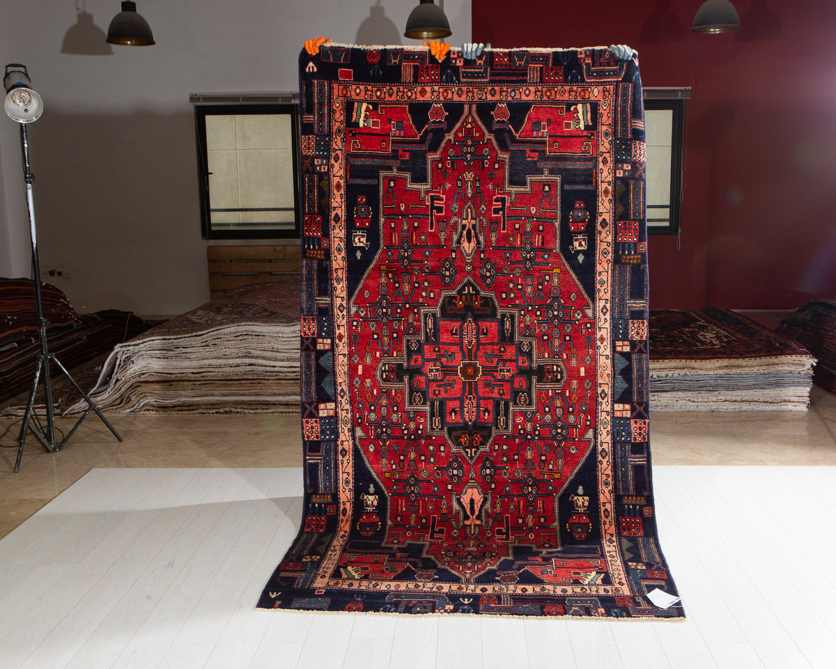 Rare Collectible Vintage Red & Navy Blue Geometric Medallion Wool Rug – 9' 0" x 4' 11" (274 x 151 cm)