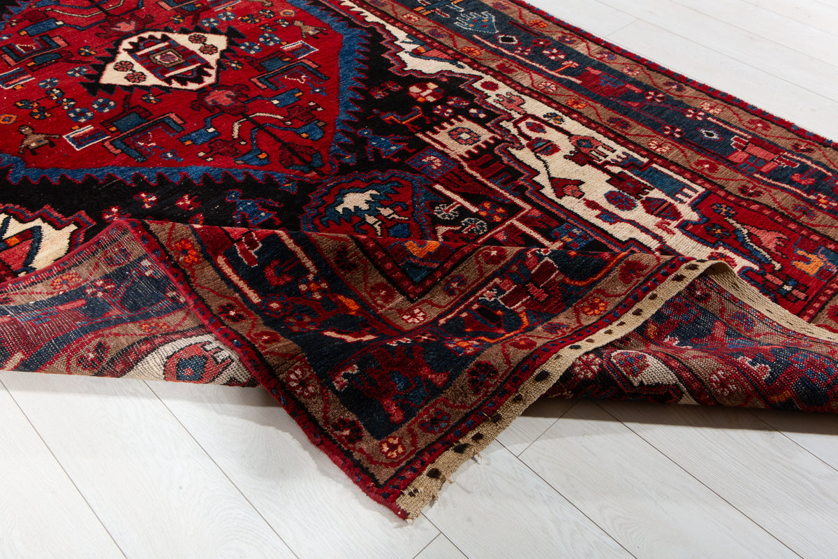 Antique Navy Blue & Red Geometric Medallion Wool Rug – 10' 5" x 5' 3" (317 x 161 cm)
