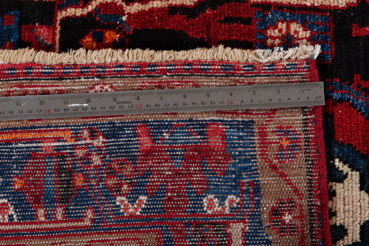 Antique Navy Blue & Red Geometric Medallion Wool Rug – 10' 5" x 5' 3" (317 x 161 cm)
