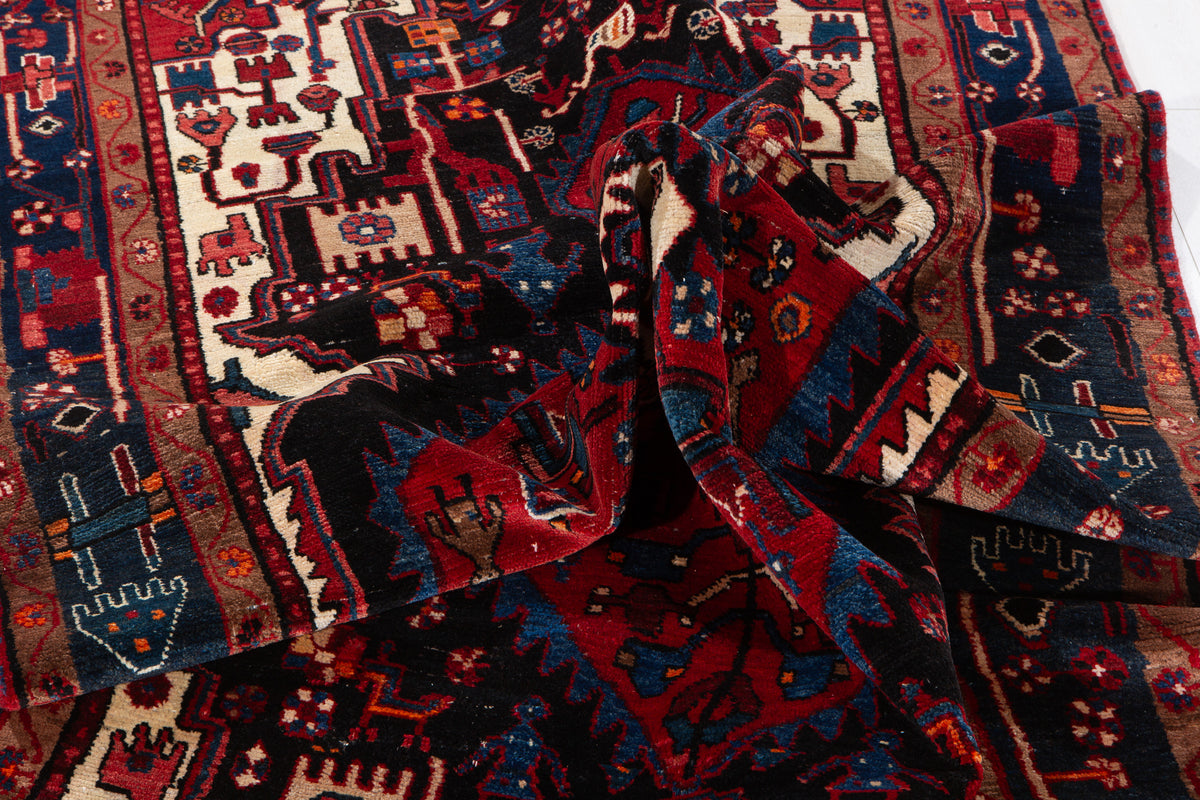 Antique Navy Blue & Red Geometric Medallion Wool Rug – 10' 5" x 5' 3" (317 x 161 cm)