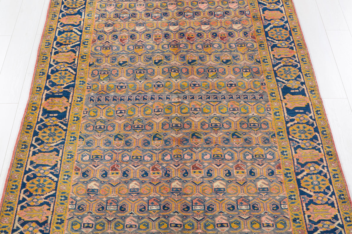 Rare Collectible Antique Orange Yellowish & Blue Wool Rug – 11' 4" x 5' 1" (346 x 156 cm)
