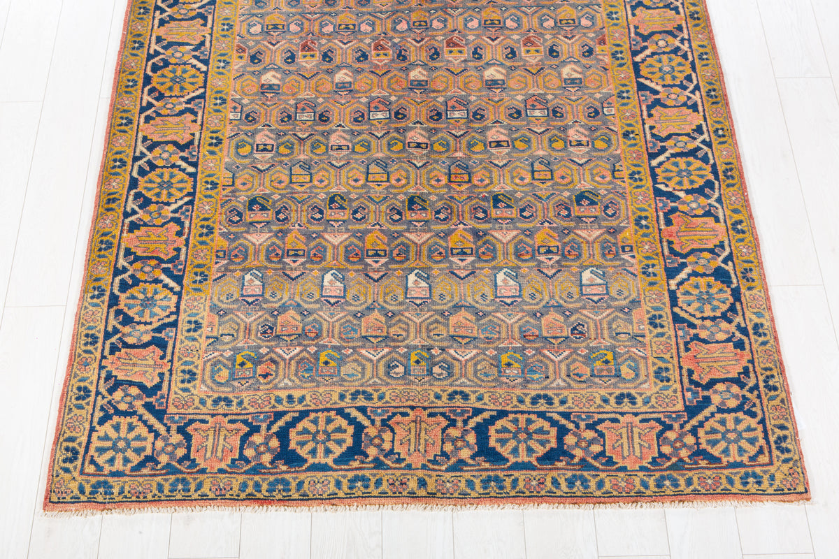 Rare Collectible Antique Orange Yellowish & Blue Wool Rug – 11' 4" x 5' 1" (346 x 156 cm)