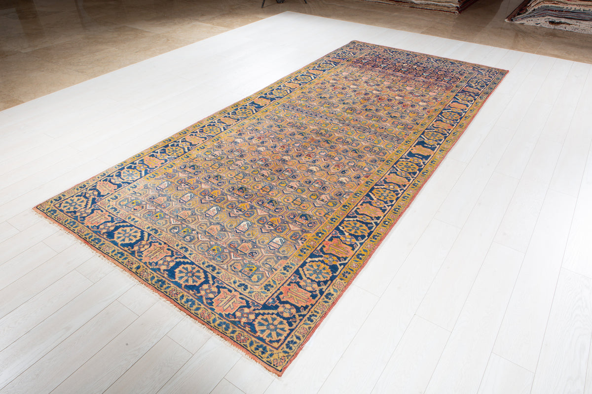 Rare Collectible Antique Orange Yellowish & Blue Wool Rug – 11' 4" x 5' 1" (346 x 156 cm)