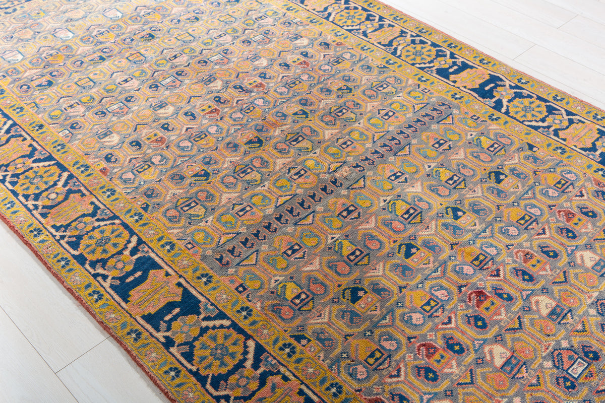 Rare Collectible Antique Orange Yellowish & Blue Wool Rug – 11' 4" x 5' 1" (346 x 156 cm)