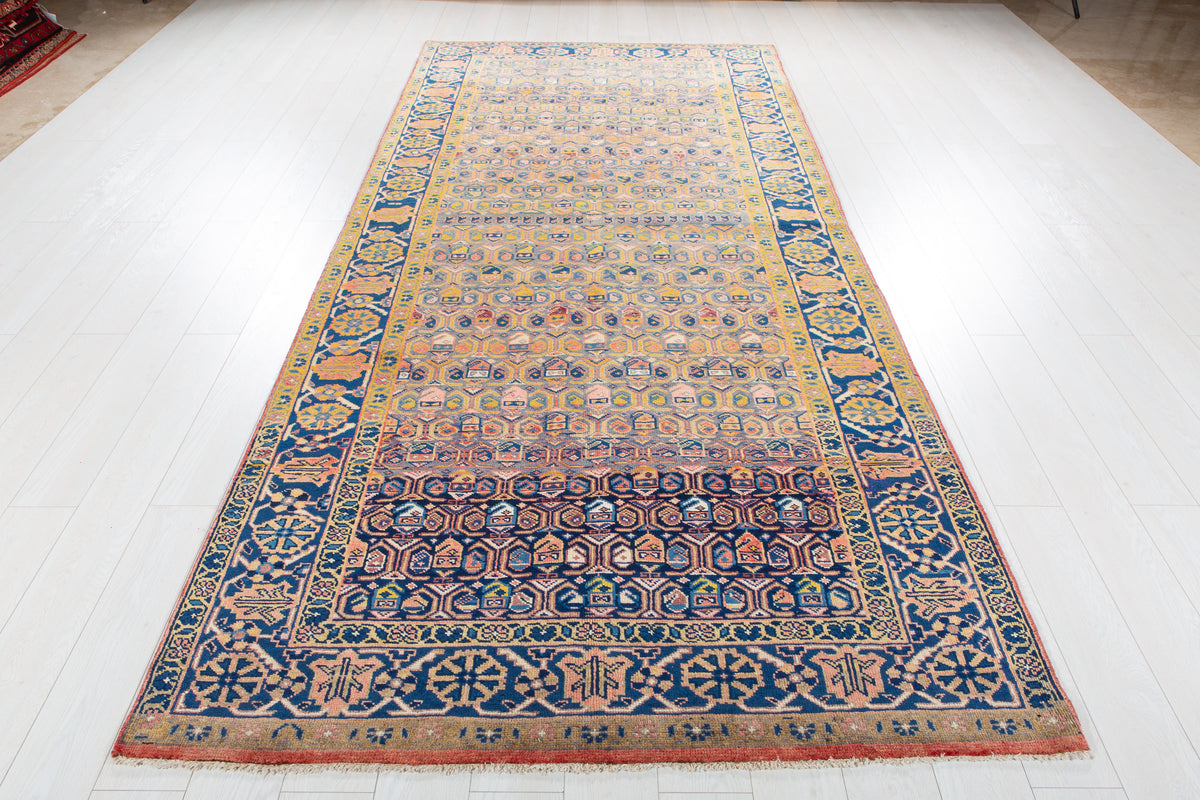 Rare Collectible Antique Orange Yellowish & Blue Wool Rug – 11' 4" x 5' 1" (346 x 156 cm)