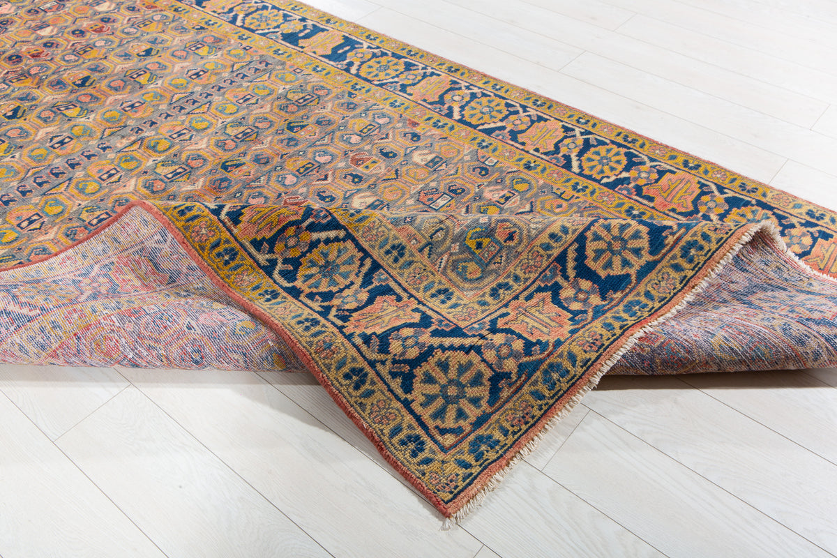 Rare Collectible Antique Orange Yellowish & Blue Wool Rug – 11' 4" x 5' 1" (346 x 156 cm)