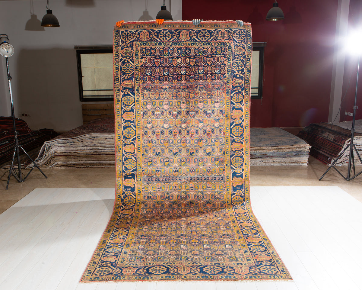 Rare Collectible Antique Orange Yellowish & Blue Wool Rug – 11' 4" x 5' 1" (346 x 156 cm)