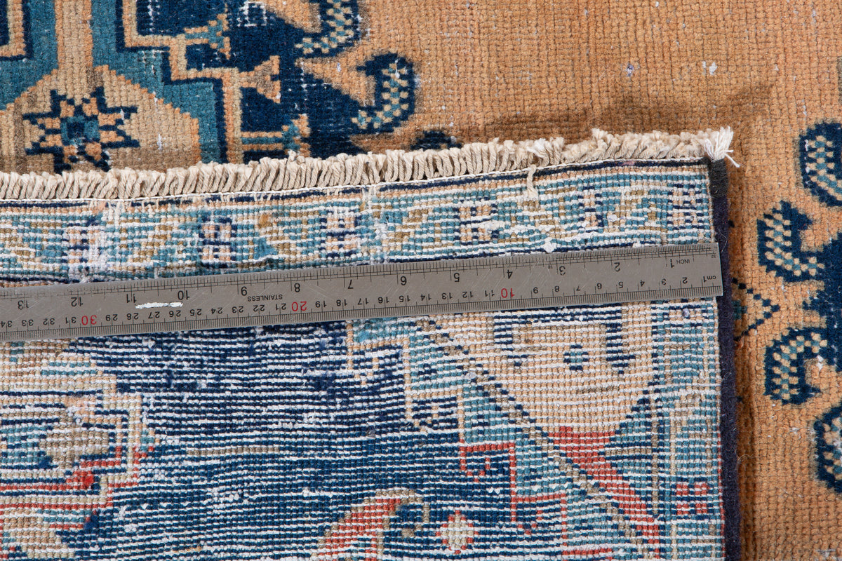 Collectible Antique Muted Orange & Blue Geometric Medallion Wool Rug – 9' 7" x 5' 1" (291 x 155 cm)