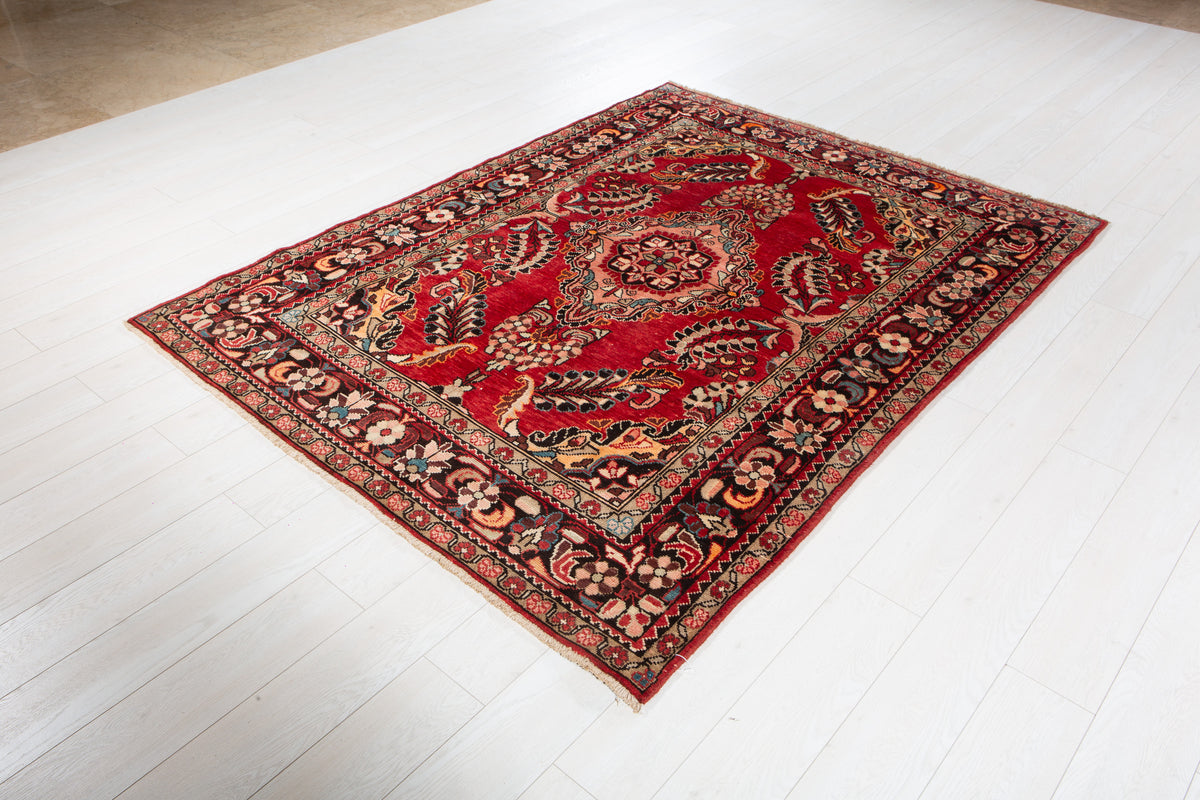 Rare Collectible Antique Red Floral Wool Rug – 6' 11" x 5' 3" (210 x 159 cm)