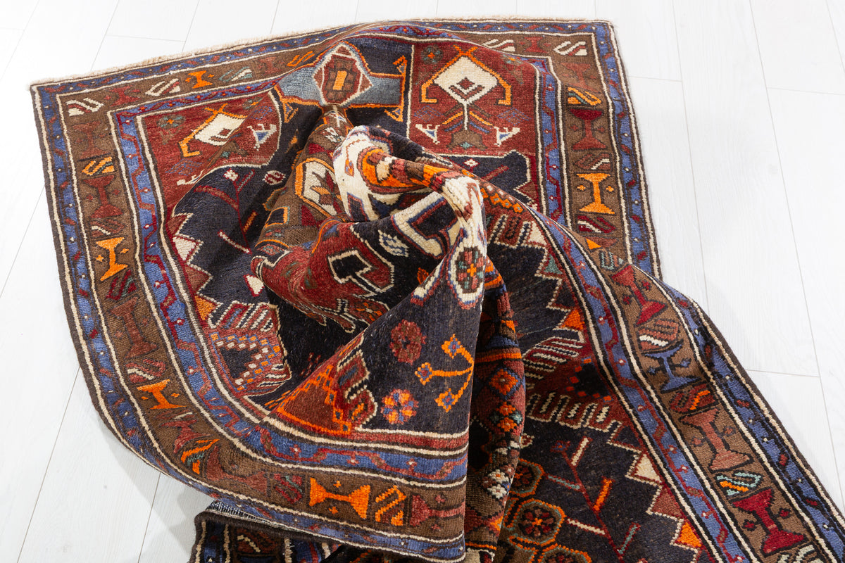 Vintage Geometric Medallion Runner Rug, Navy Blue & Rust Red – 7' 9" x 3' 7" (236 x 108 cm)