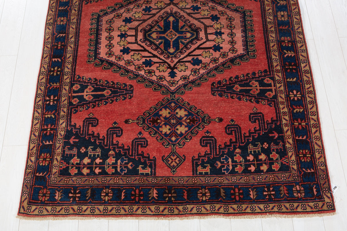 Collectible Vintage Orange Red, Blue & Pink Hand-Knotted Wool Rug – 7' 3" x 5' 1" (220 x 154 cm)