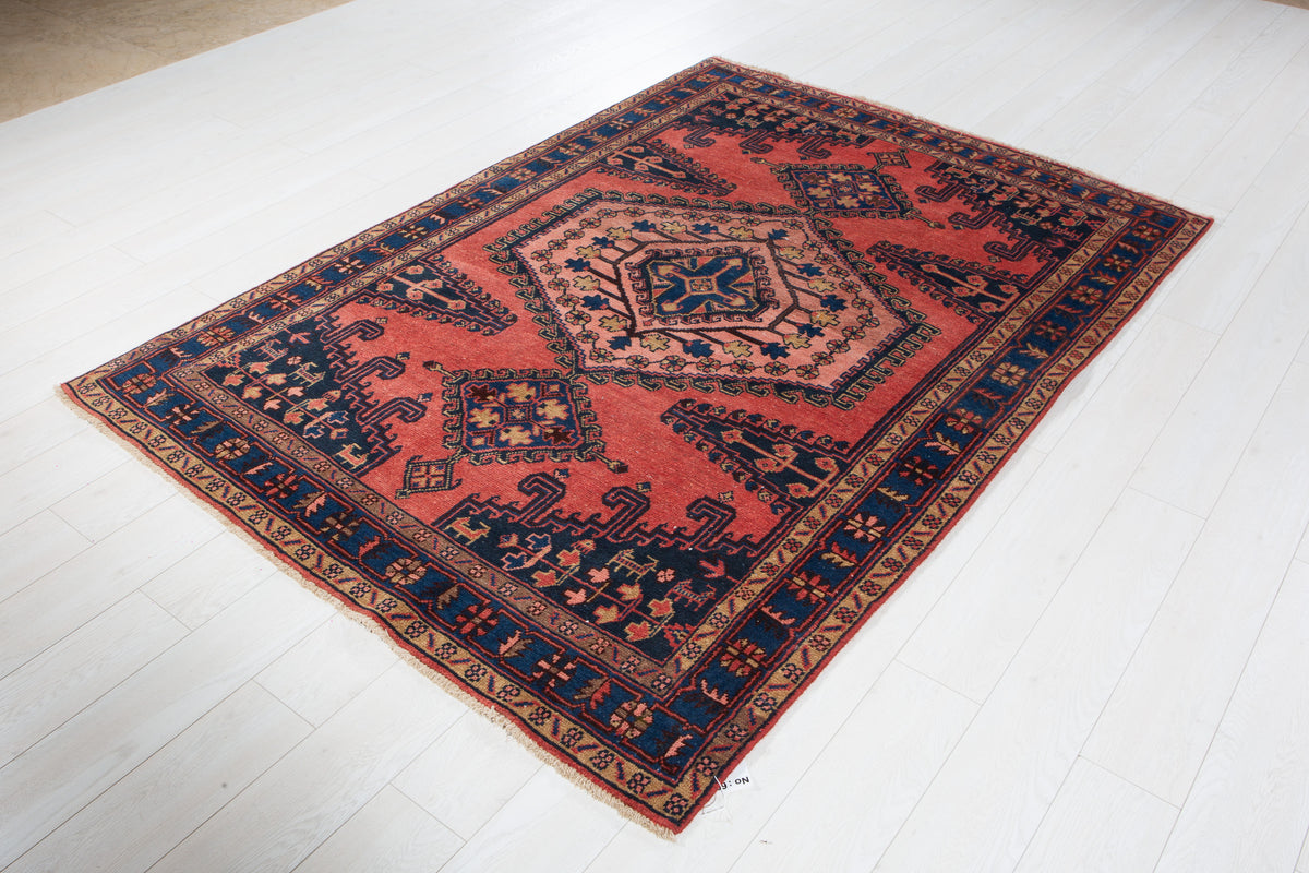 Collectible Vintage Orange Red, Blue & Pink Hand-Knotted Wool Rug – 7' 3" x 5' 1" (220 x 154 cm)
