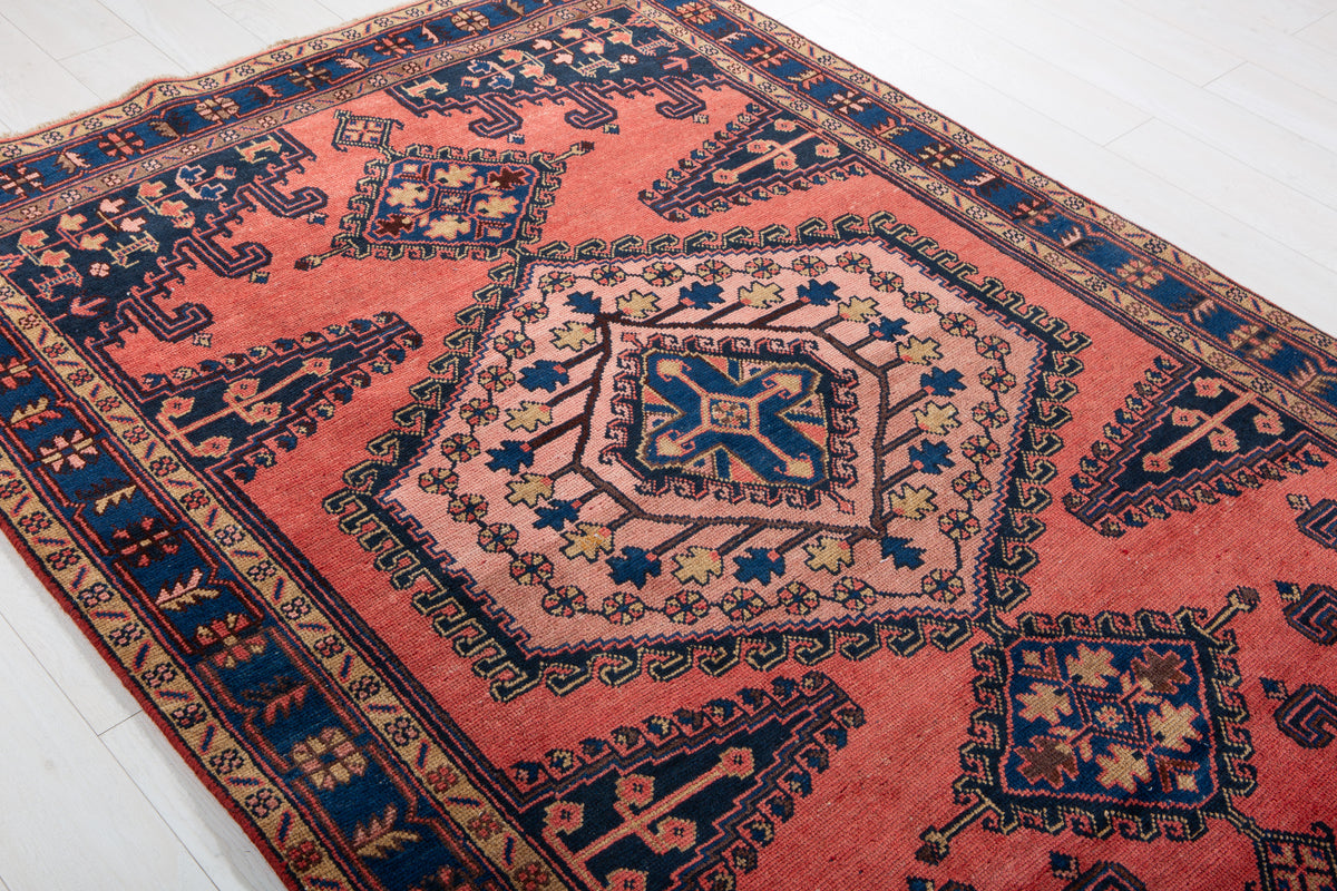 Collectible Vintage Orange Red, Blue & Pink Hand-Knotted Wool Rug – 7' 3" x 5' 1" (220 x 154 cm)