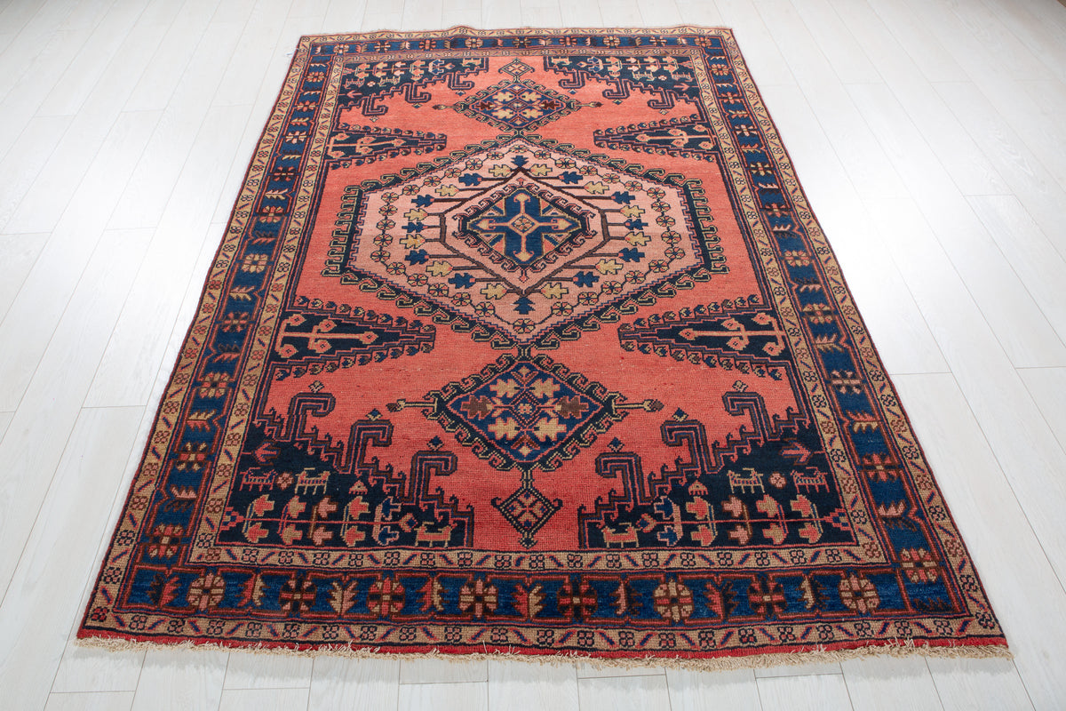 Collectible Vintage Orange Red, Blue & Pink Hand-Knotted Wool Rug – 7' 3" x 5' 1" (220 x 154 cm)