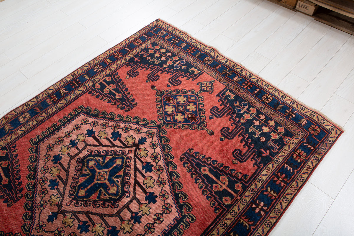 Collectible Vintage Orange Red, Blue & Pink Hand-Knotted Wool Rug – 7' 3" x 5' 1" (220 x 154 cm)