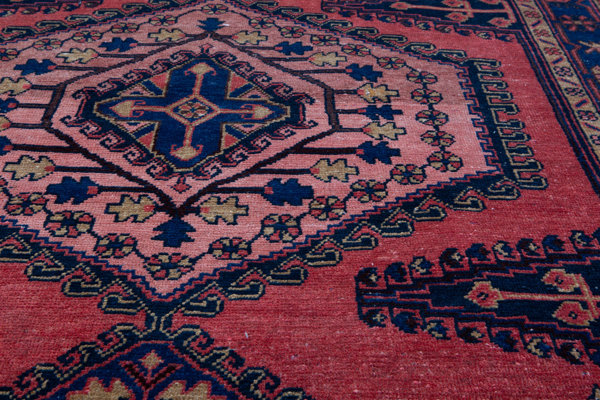 Collectible Vintage Orange Red, Blue & Pink Hand-Knotted Wool Rug – 7' 3" x 5' 1" (220 x 154 cm)