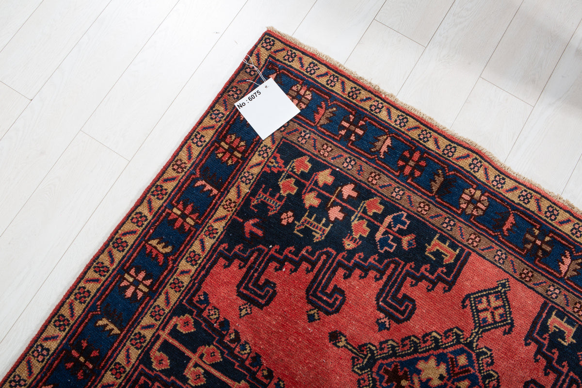 Collectible Vintage Orange Red, Blue & Pink Hand-Knotted Wool Rug – 7' 3" x 5' 1" (220 x 154 cm)