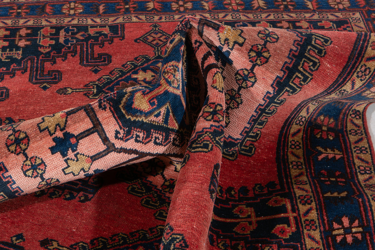 Collectible Vintage Orange Red, Blue & Pink Hand-Knotted Wool Rug – 7' 3" x 5' 1" (220 x 154 cm)