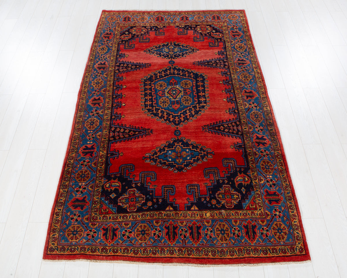 Collectible Vintage Orange Red & Blue Hand-Knotted Wool Rug – 8' 11" x 5' 2" (272 x 158 cm)