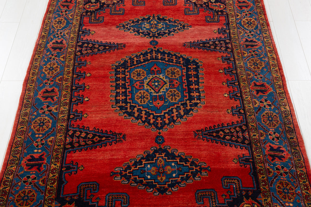 Collectible Vintage Orange Red & Blue Hand-Knotted Wool Rug – 8' 11" x 5' 2" (272 x 158 cm)