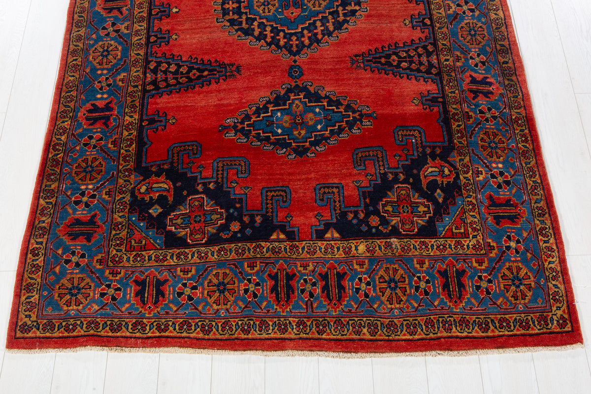 Collectible Vintage Orange Red & Blue Hand-Knotted Wool Rug – 8' 11" x 5' 2" (272 x 158 cm)