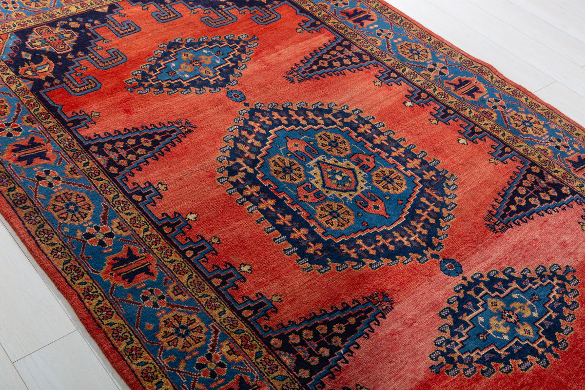 Collectible Vintage Orange Red & Blue Hand-Knotted Wool Rug – 8' 11" x 5' 2" (272 x 158 cm)
