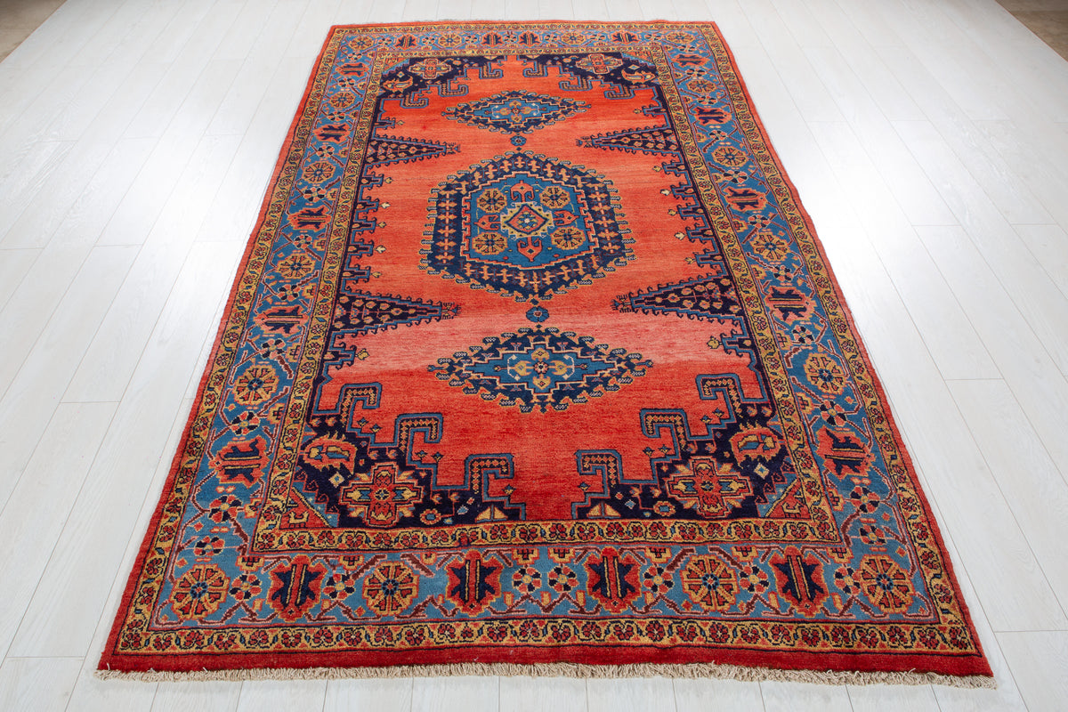 Collectible Vintage Orange Red & Blue Hand-Knotted Wool Rug – 8' 11" x 5' 2" (272 x 158 cm)
