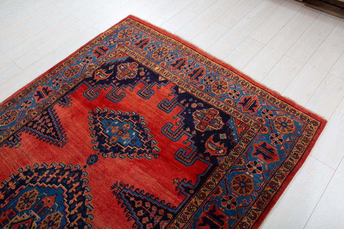 Collectible Vintage Orange Red & Blue Hand-Knotted Wool Rug – 8' 11" x 5' 2" (272 x 158 cm)