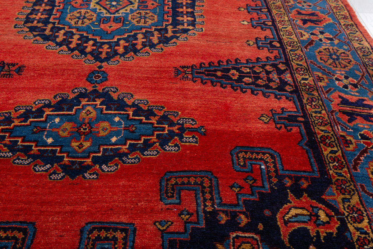 Collectible Vintage Orange Red & Blue Hand-Knotted Wool Rug – 8' 11" x 5' 2" (272 x 158 cm)