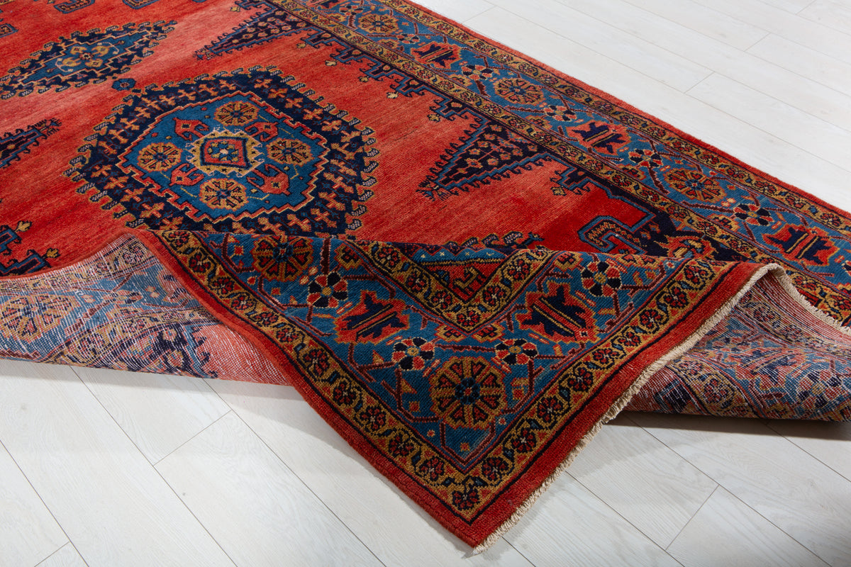 Collectible Vintage Orange Red & Blue Hand-Knotted Wool Rug – 8' 11" x 5' 2" (272 x 158 cm)