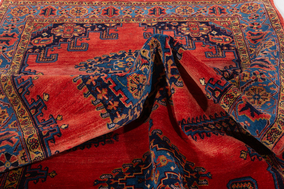 Collectible Vintage Orange Red & Blue Hand-Knotted Wool Rug – 8' 11" x 5' 2" (272 x 158 cm)
