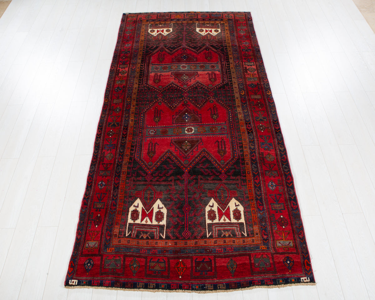 Antique Red & Black Hand-Knotted Wool Rug – 10' 2" x 4' 10" (311 x 148 cm)