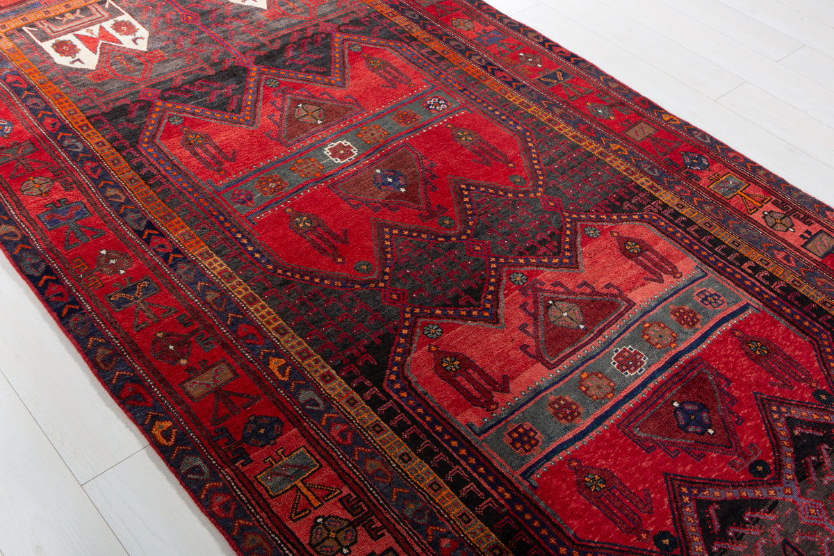 Antique Red & Black Hand-Knotted Wool Rug – 10' 2" x 4' 10" (311 x 148 cm)