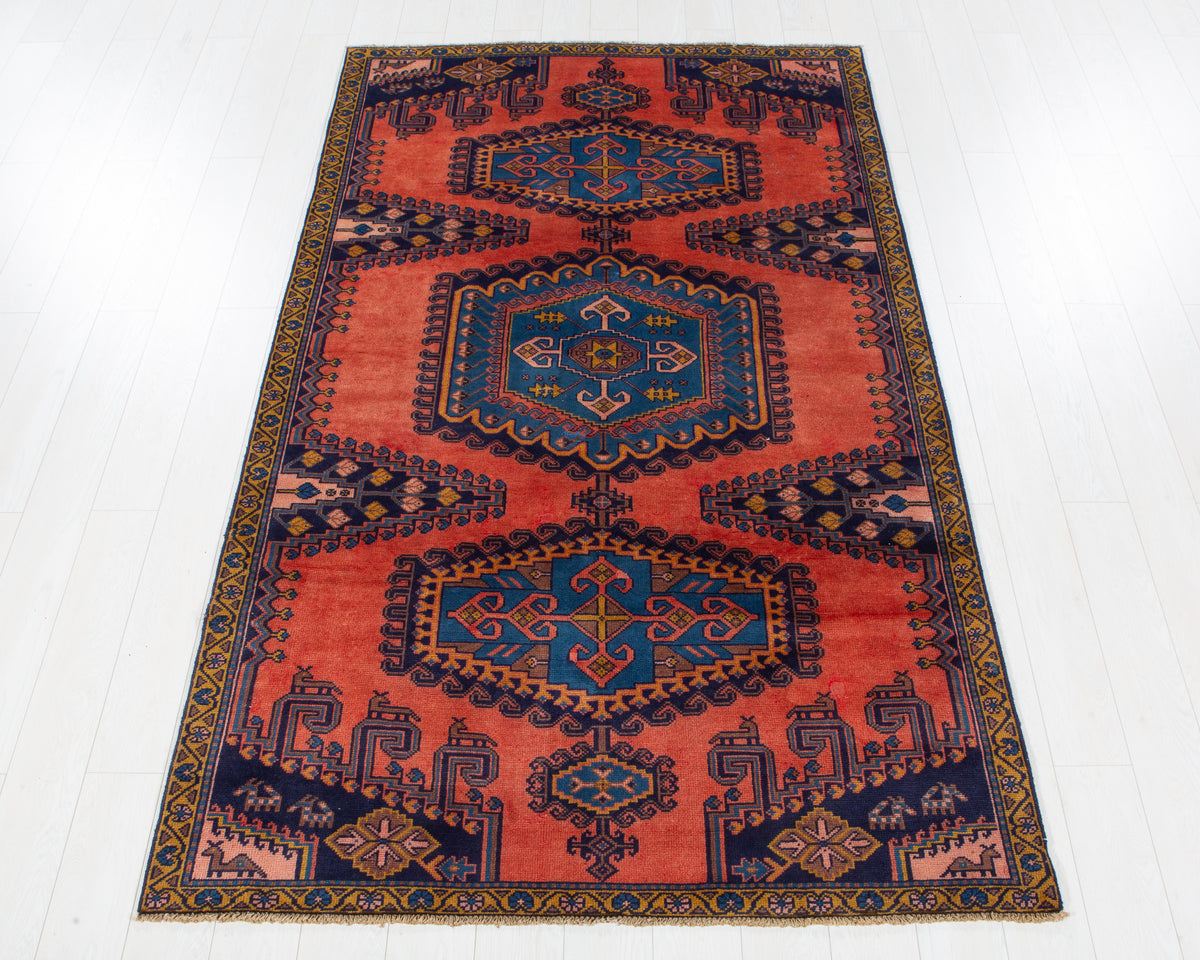 Collectible Vintage Orange Red & Blue Hand-Knotted Wool Rug – 8' 6" x 5' 0" (260 x 153 cm)
