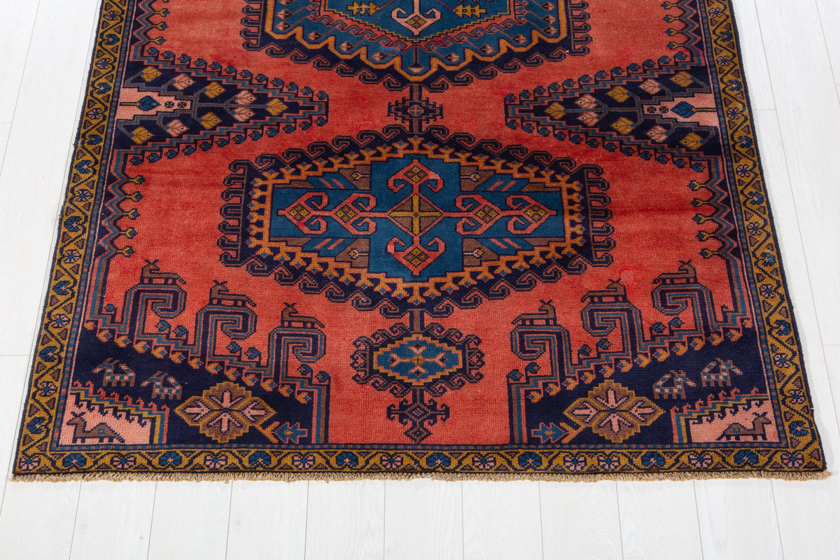 Collectible Vintage Orange Red & Blue Hand-Knotted Wool Rug – 8' 6" x 5' 0" (260 x 153 cm)