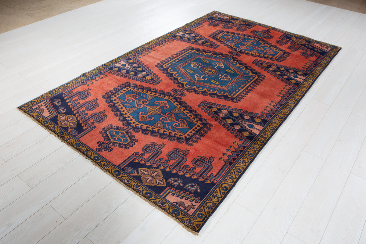 Collectible Vintage Orange Red & Blue Hand-Knotted Wool Rug – 8' 6" x 5' 0" (260 x 153 cm)
