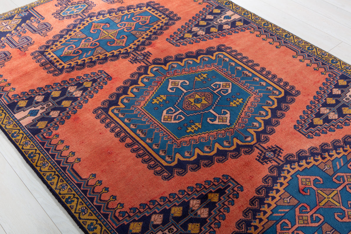 Collectible Vintage Orange Red & Blue Hand-Knotted Wool Rug – 8' 6" x 5' 0" (260 x 153 cm)