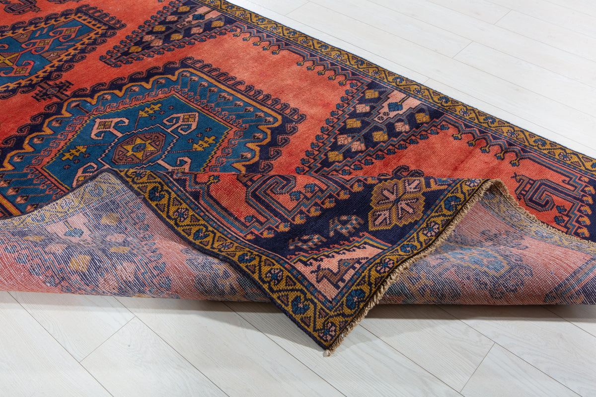 Collectible Vintage Orange Red & Blue Hand-Knotted Wool Rug – 8' 6" x 5' 0" (260 x 153 cm)