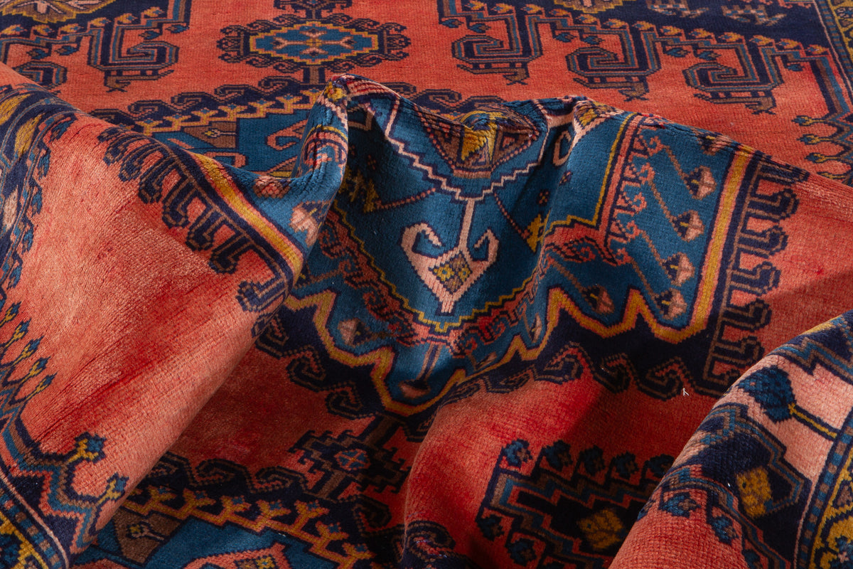 Collectible Vintage Orange Red & Blue Hand-Knotted Wool Rug – 8' 6" x 5' 0" (260 x 153 cm)
