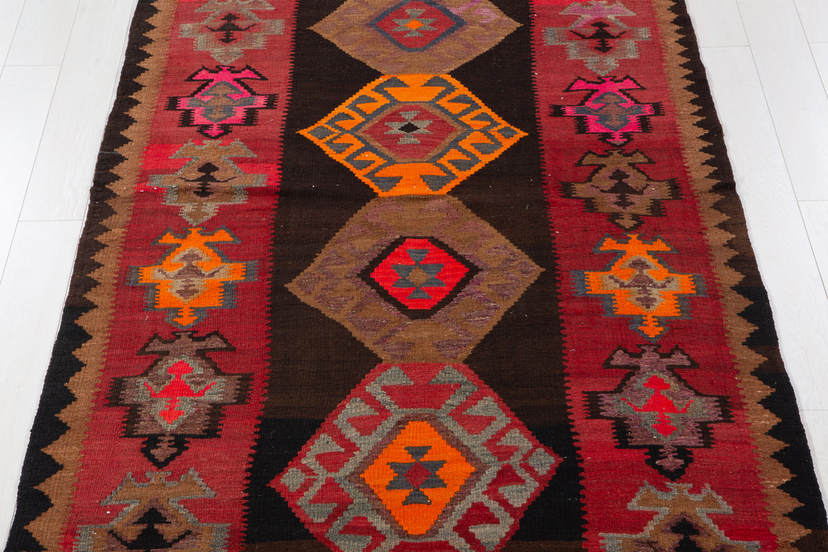 Vintage Black & Red Handwoven Kilim – 11' 10" x 4' 10" (361 x 147 cm)