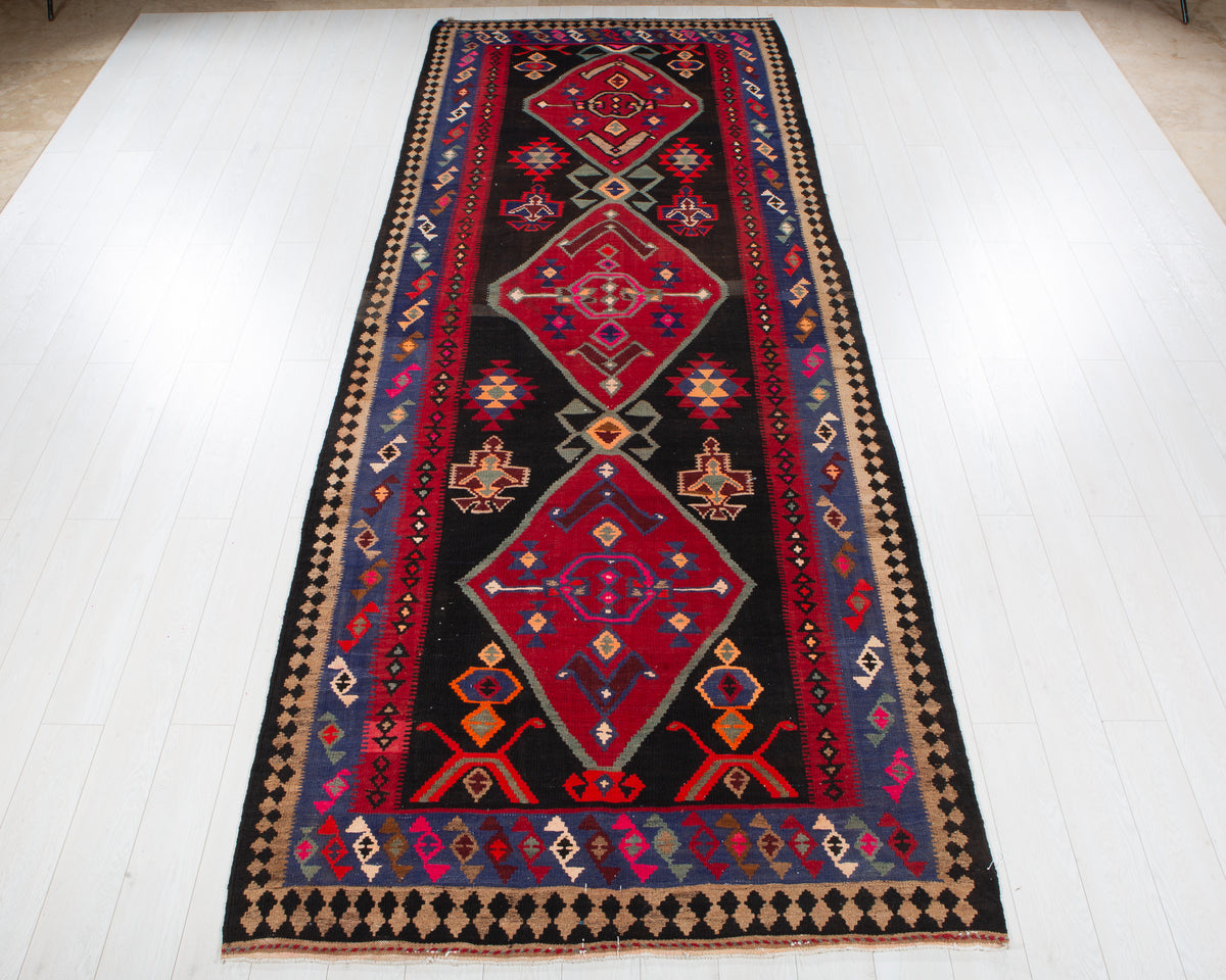 Vintage Deep Navy Blue, Pink & Red Handwoven Kilim – 13' 0" x 4' 11" (396 x 151 cm)