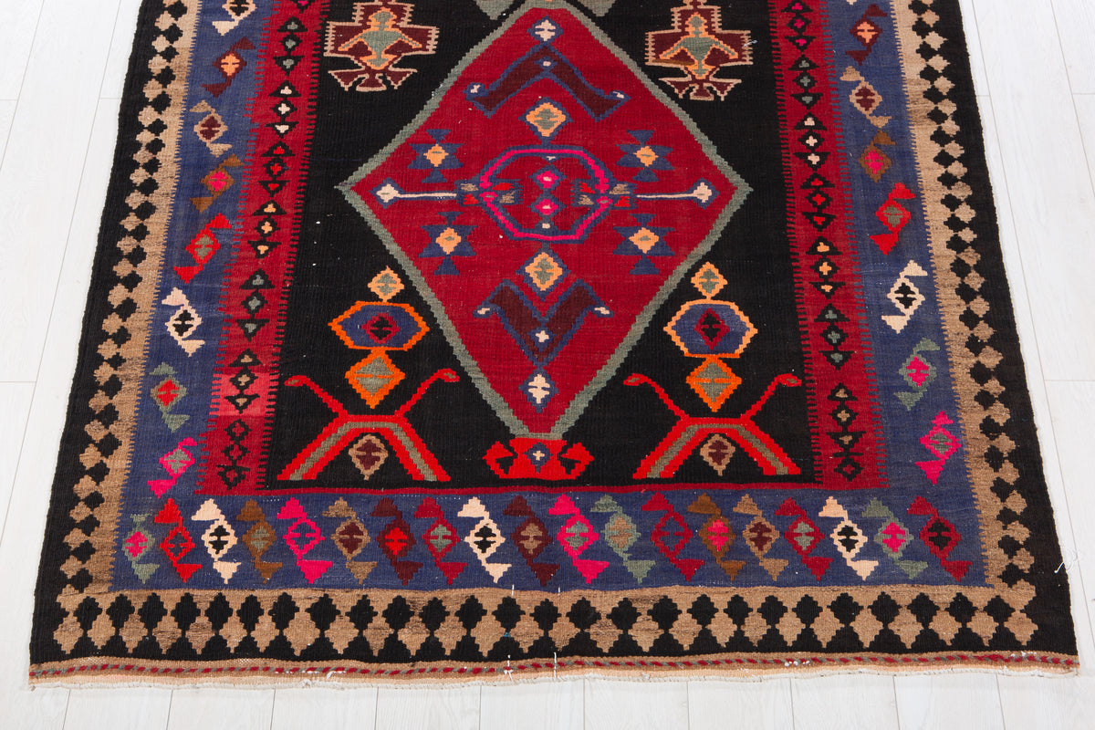 Vintage Deep Navy Blue, Pink & Red Handwoven Kilim – 13' 0" x 4' 11" (396 x 151 cm)