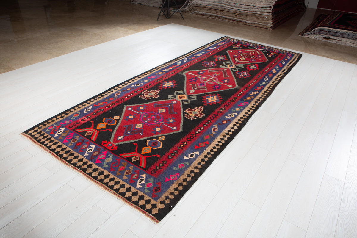 Vintage Deep Navy Blue, Pink & Red Handwoven Kilim – 13' 0" x 4' 11" (396 x 151 cm)