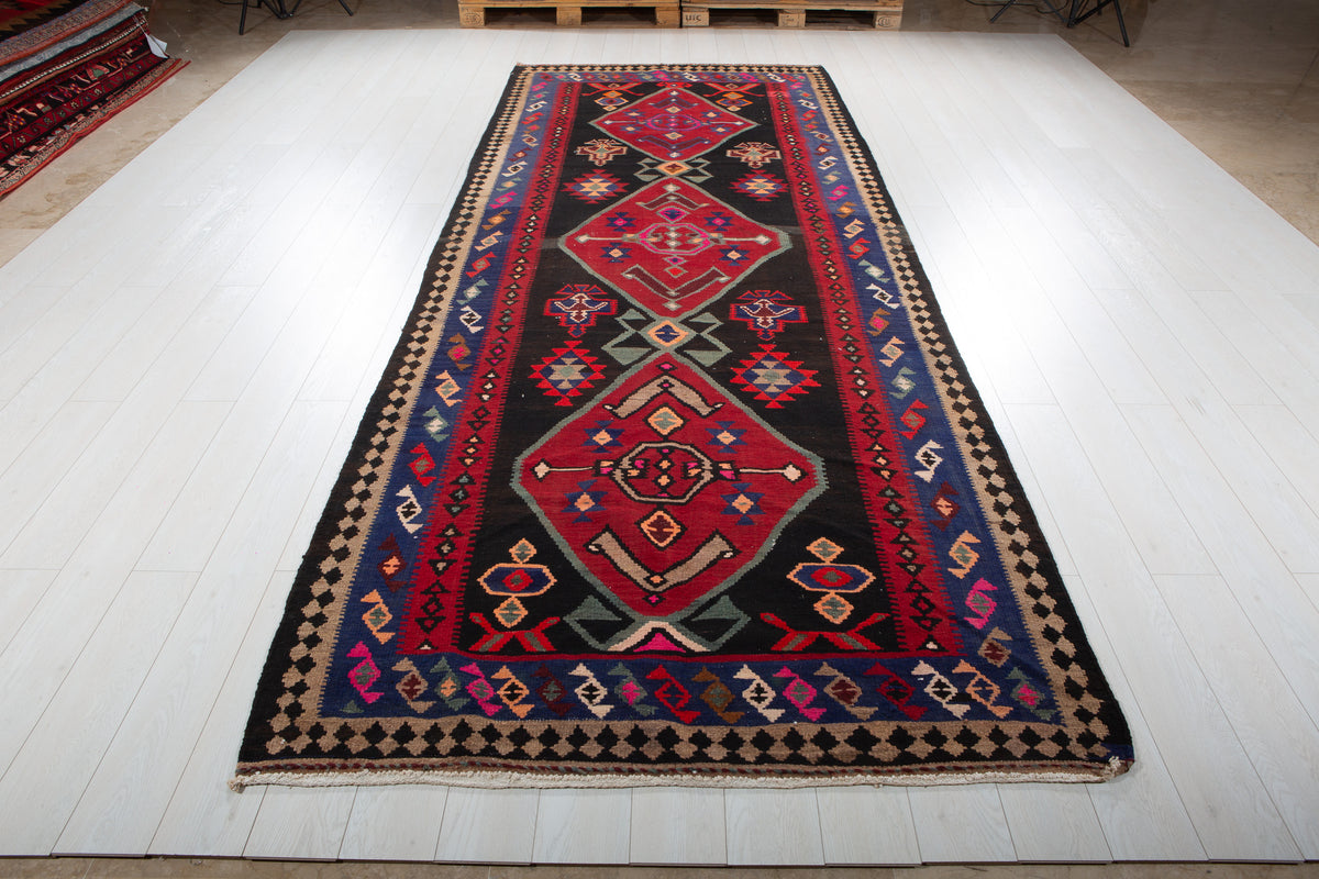 Vintage Deep Navy Blue, Pink & Red Handwoven Kilim – 13' 0" x 4' 11" (396 x 151 cm)