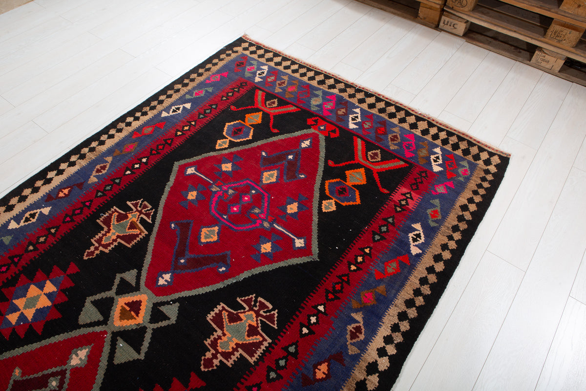 Vintage Deep Navy Blue, Pink & Red Handwoven Kilim – 13' 0" x 4' 11" (396 x 151 cm)