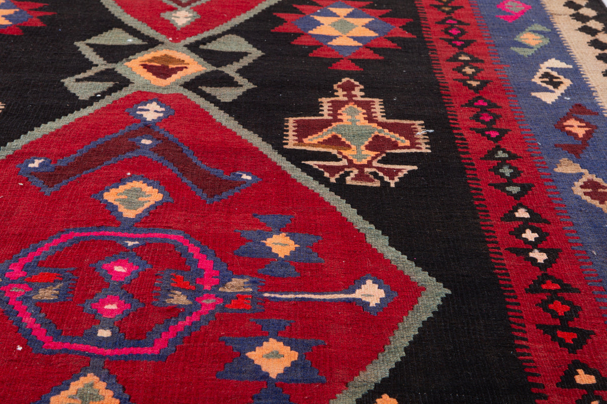 Vintage Deep Navy Blue, Pink & Red Handwoven Kilim – 13' 0" x 4' 11" (396 x 151 cm)